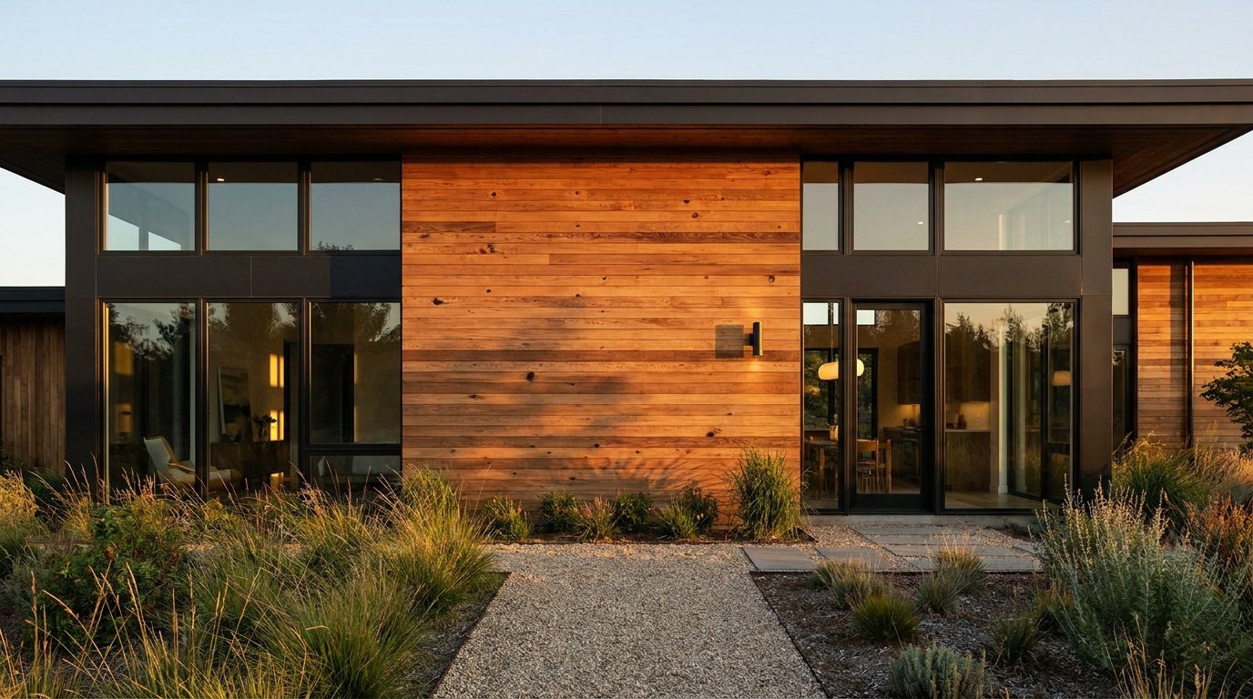 Maison moderne à façade en bois chaleureux avec de grandes baies vitrées et un jardin paysager au crépuscule.
