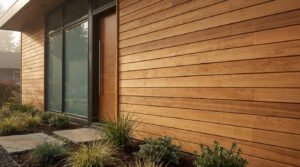 Façade de maison moderne avec un bardage en lames de bois naturel et une porte d'entrée élégante.