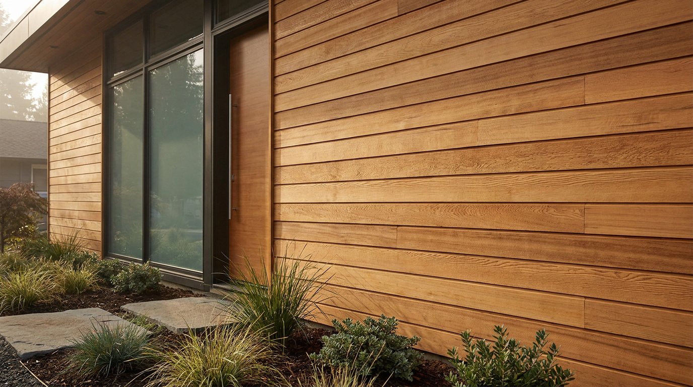 Façade de maison moderne avec un bardage en lames de bois naturel et une porte d'entrée élégante.