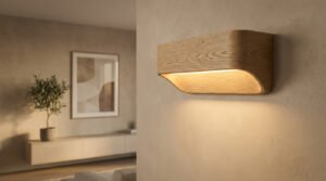 Applique murale en bois clair diffusant une lumière douce dans un salon au design épuré et chaleureux.