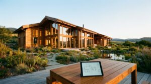 Tablette affichant un plan d'architecte sur une table en bois devant une maison moderne à ossature bois dans la nature.