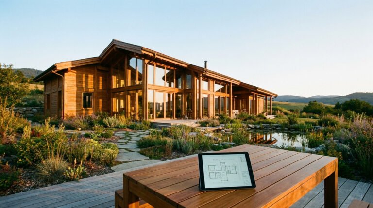 Tablette affichant un plan d'architecte sur une table en bois devant une maison moderne à ossature bois dans la nature.